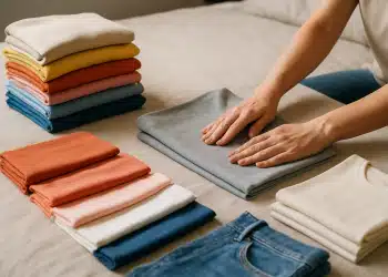 Mulher dobrando peças de roupa.