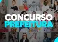 Pessoas de diferentes profissões sorrindo em montagem, com texto “Concurso Prefeitura” centralizado.