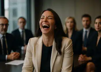 Mulher sorrindo durante reunião de negócios.