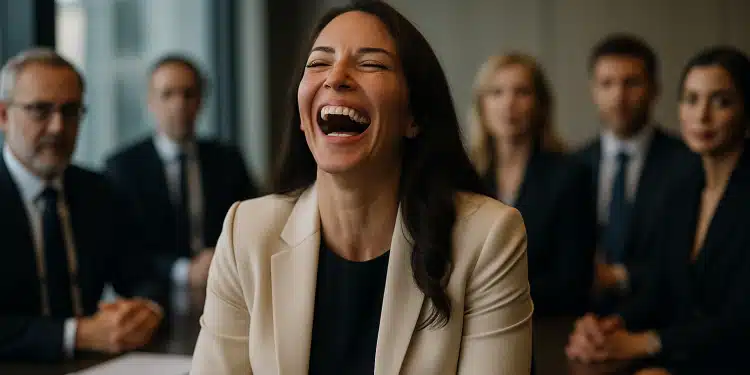 Mulher sorrindo durante reunião de negócios.