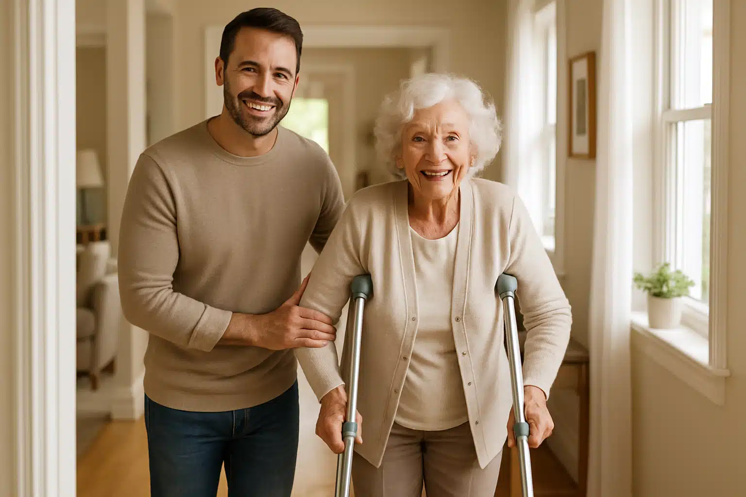 Homem jovem auxiliando idosa com muletas dentro de casa.
