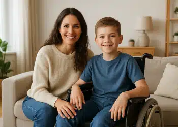 Mulher sorridente ao lado de um menino em cadeira de rodas em uma sala de estar.