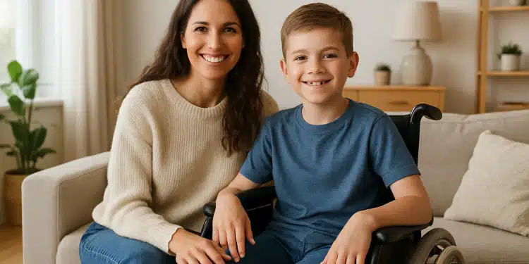 Mulher sorridente ao lado de um menino em cadeira de rodas em uma sala de estar.
