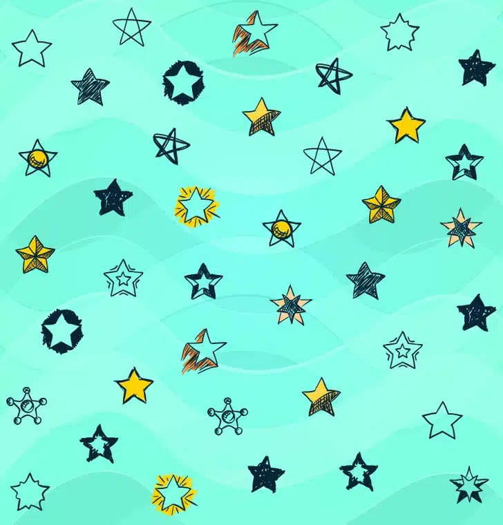 Diversas estrelas desenhadas à mão de diferentes formatos e cores sobre fundo azul claro