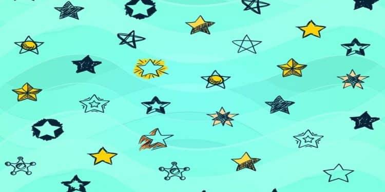 Desafio visual com diversas estrelas coloridas com formas distintas sobre fundo azul claro com ondas