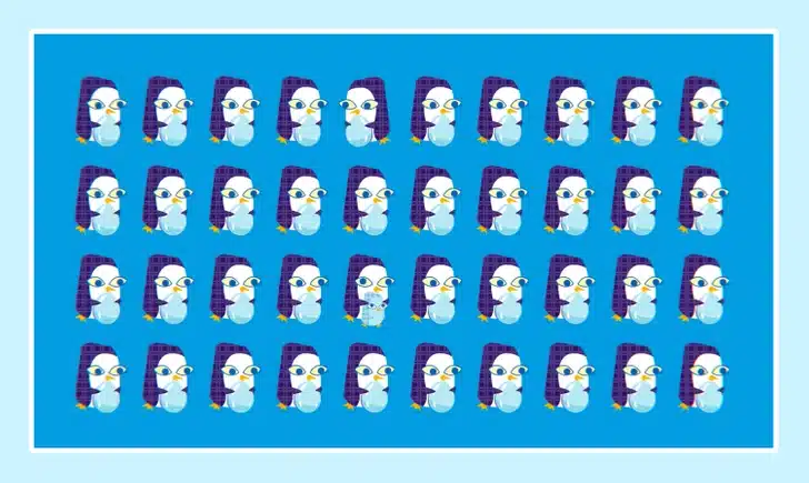 Desafio visual com vários pinguins alinhados com gorros roxos sobre fundo azul em desafio de percepção