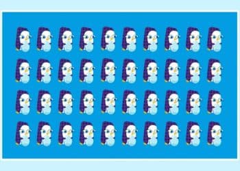 Desafio visual com vários pinguins alinhados com gorros roxos sobre fundo azul em desafio de percepção