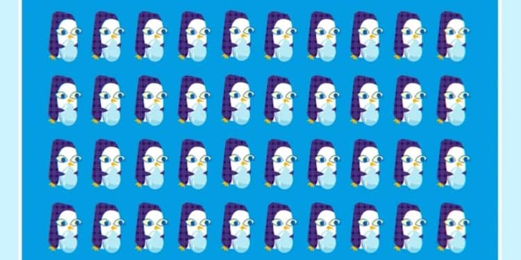 Desafio visual com vários pinguins alinhados com gorros roxos sobre fundo azul em desafio de percepção