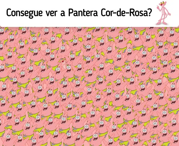 Desafio visual com diversos Patrick Estrela sorridentes embaralhados com a Pantera Cor-de-Rosa escondida entre eles