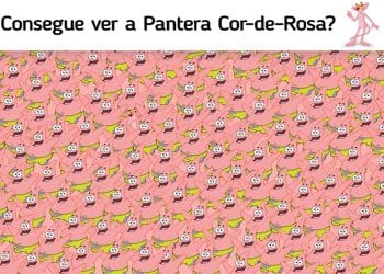 Desafio visual com diversos Patrick Estrela sorridentes embaralhados com a Pantera Cor-de-Rosa escondida entre eles.