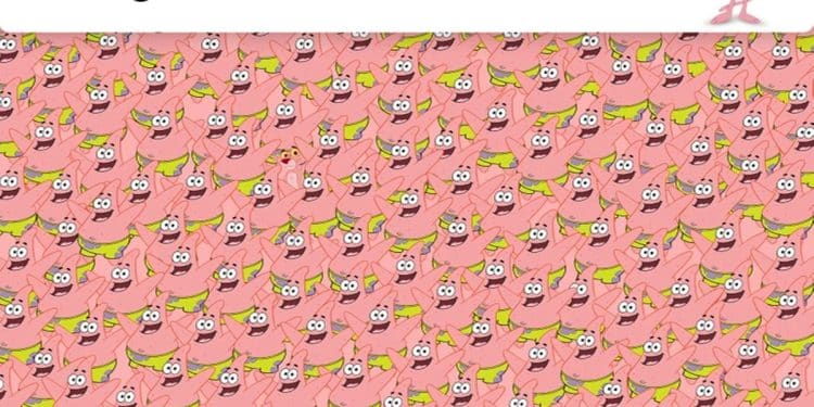 Desafio visual com diversos Patrick Estrela sorridentes embaralhados com a Pantera Cor-de-Rosa escondida entre eles.