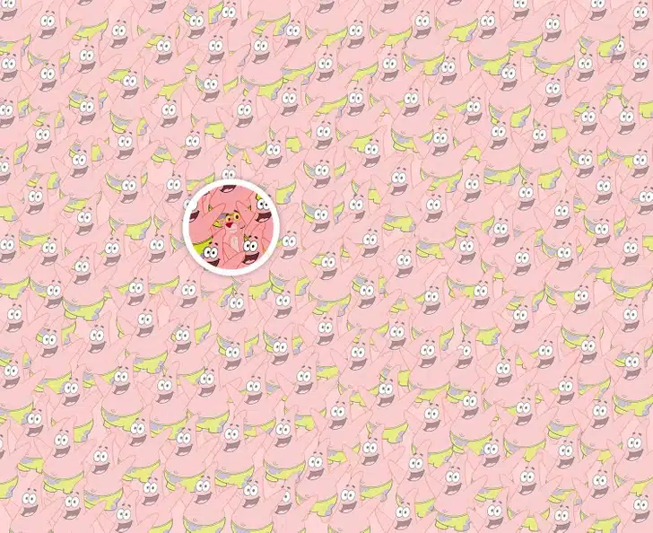 Desafio visual com diversos Patrick Estrela sorridentes embaralhados com a Pantera Cor-de-Rosa escondida entre eles