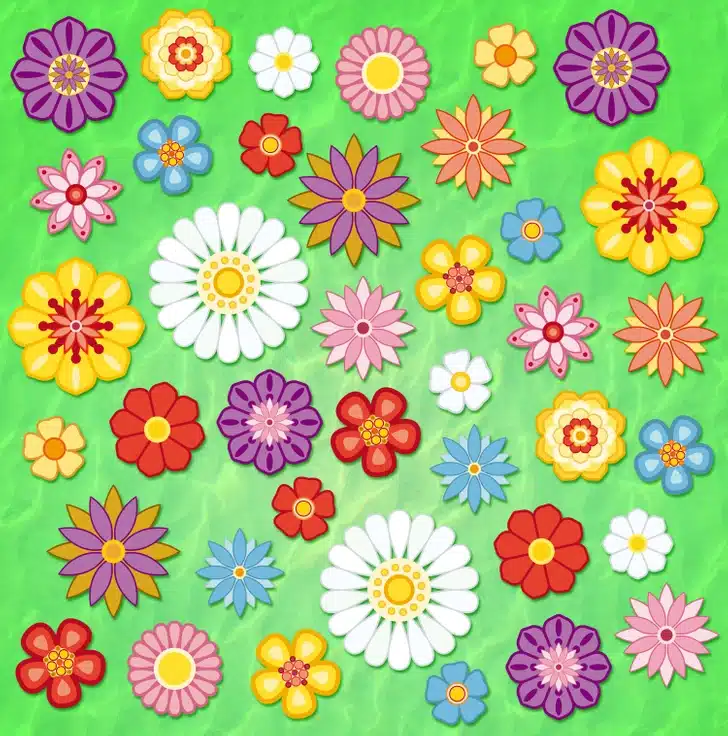Desafio visual com diversas flores desenhadas e coloridas que estão espalhadas sobre fundo verde, simulando um teste de concentração