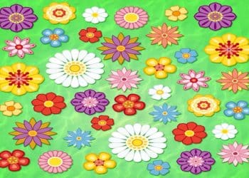 Desafio visual com diversas flores desenhadas e coloridas que estão espalhadas sobre fundo verde, simulando um teste de concentração