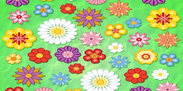 Desafio visual com diversas flores desenhadas e coloridas que estão espalhadas sobre fundo verde, simulando um teste de concentração