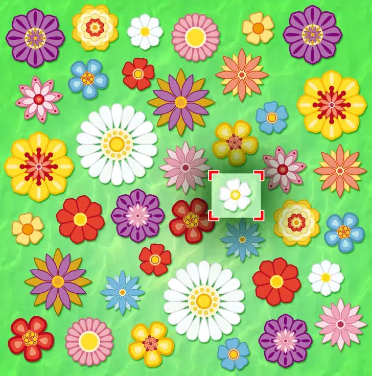 Desafio visual com diversas flores desenhadas e coloridas que estão espalhadas sobre fundo verde, simulando um teste de concentração