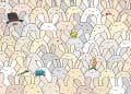 Desafio visual com diversos coelhos com expressões variadas e objetos, propondo encontrar um ovo escondido