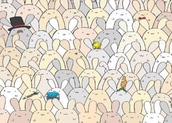 Desafio visual com diversos coelhos com expressões variadas e objetos, propondo encontrar um ovo escondido