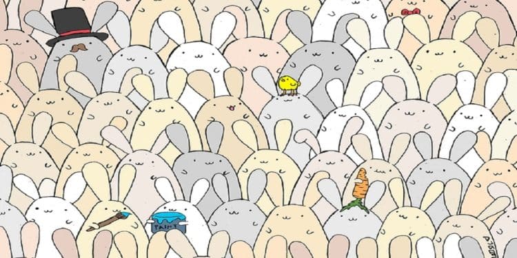 Desafio visual com diversos coelhos com expressões variadas e objetos, propondo encontrar um ovo escondido