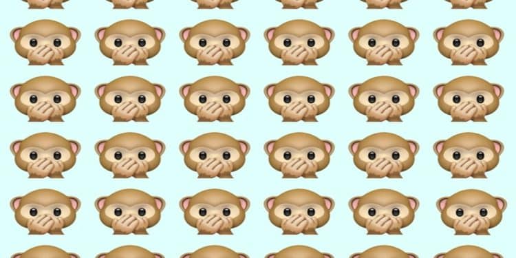 Desafio visual com diversos emojis de macaquinho alinhados; um deles sorrindo de boca aberta