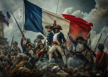"Revolução Francesa: Cena de batalha com soldados franceses erguendo a bandeira da França durante a Revolução, simbolizando a luta contra o regime monárquico.