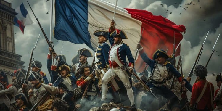 "Revolução Francesa: Cena de batalha com soldados franceses erguendo a bandeira da França durante a Revolução, simbolizando a luta contra o regime monárquico.