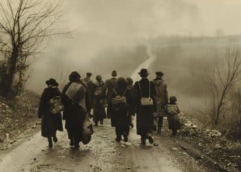 Imagem retratando a migração forçada durante a Primeira Guerra Mundial, com um grupo de pessoas caminhando pela estrada, simbolizando os deslocamentos causados pelo conflito.