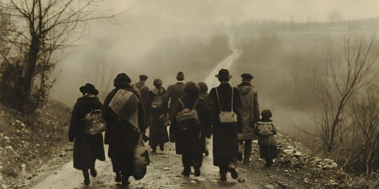 Imagem retratando a migração forçada durante a Primeira Guerra Mundial, com um grupo de pessoas caminhando pela estrada, simbolizando os deslocamentos causados pelo conflito.