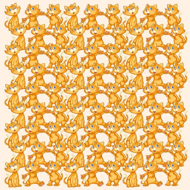 Ilusão de ótica com vários gatos laranja desenhados segurando patinhas em grupo, com um deles sem boca