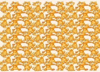 Ilusão de ótica com vários gatos laranja desenhados segurando patinhas em grupo, com um deles sem boca.