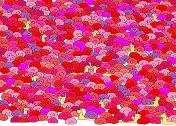 Ilusão de ótica com vários caracóis desenhados em meio a espirais coloridas com coração escondido.