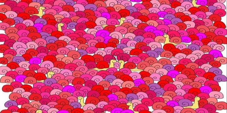 Ilusão de ótica com vários caracóis desenhados em meio a espirais coloridas com coração escondido.