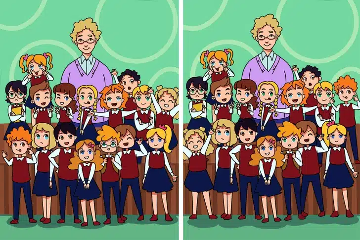 Jogo de atenção com grupo de alunos uniformizados e professora em duas imagens lado a lado para encontrar diferenças.