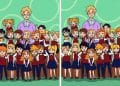 Jogo de atenção com grupo de alunos uniformizados e professora em duas imagens lado a lado para encontrar diferenças.