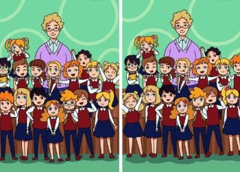 Jogo de atenção com grupo de alunos uniformizados e professora em duas imagens lado a lado para encontrar diferenças.
