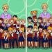 Jogo de atenção com grupo de alunos uniformizados e professora em duas imagens lado a lado para encontrar diferenças.