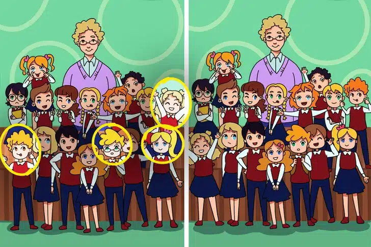 Jogo de atenção com grupo de alunos uniformizados e professora em duas imagens lado a lado para encontrar diferenças.