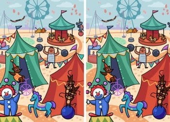 Jogo dos erros com palhaço sorrindo ao lado de tendas coloridas e animais de circo, com detalhes lúdicos.