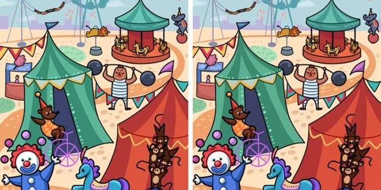 Jogo dos erros com palhaço sorrindo ao lado de tendas coloridas e animais de circo, com detalhes lúdicos.