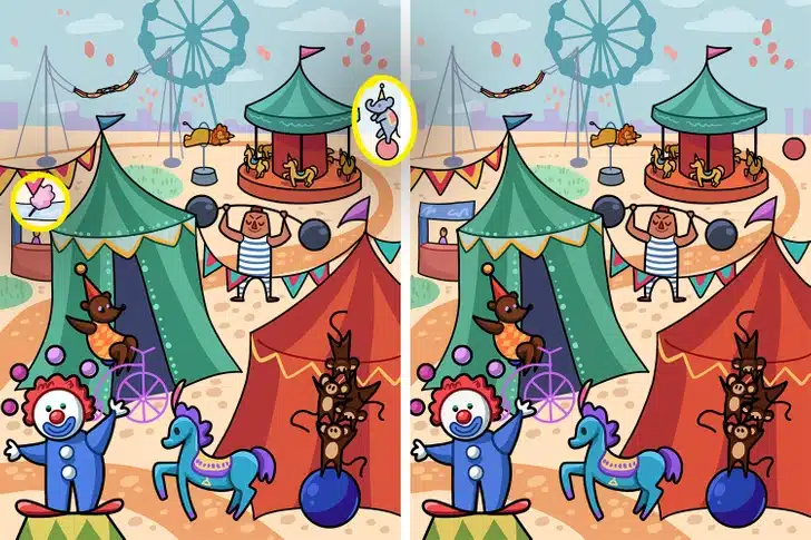 Jogo dos erros com palhaço sorrindo ao lado de tendas coloridas e animais de circo, com detalhes lúdicos.