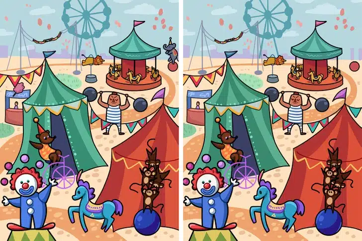 Jogo dos erros com palhaço sorrindo ao lado de tendas coloridas e animais de circo, com detalhes lúdicos.