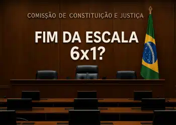 Sala da Comissão de Constituição e Justiça com a frase 'Fim da escala 6x1?'