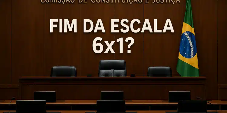 Sala da Comissão de Constituição e Justiça com a frase 'Fim da escala 6x1?'