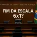 Sala da Comissão de Constituição e Justiça com a frase 'Fim da escala 6x1?'
