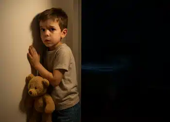 Menino assustado segurando um ursinho de pelúcia em um corredor escuro.