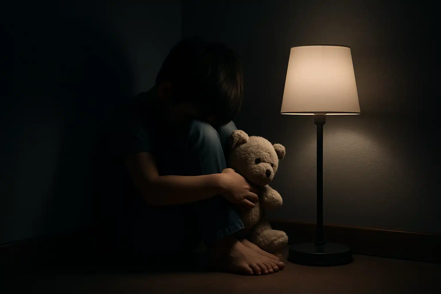 Criança sentada no chão abraçando um ursinho de pelúcia ao lado de um abajur aceso.