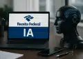 Notebook exibindo a logo da Receita Federal e as letras IA ao lado de um busto robótico.