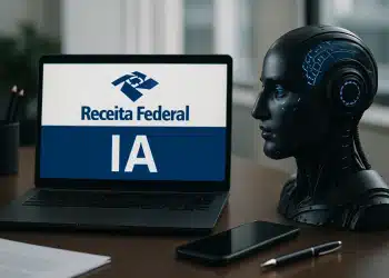 Notebook exibindo a logo da Receita Federal e as letras IA ao lado de um busto robótico.