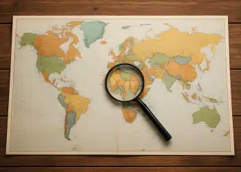 Lupa ampliando detalhes no mapa-múndi.