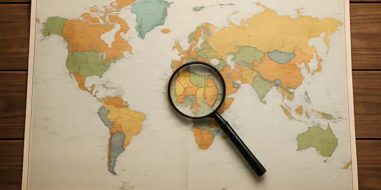 Lupa ampliando detalhes no mapa-múndi.